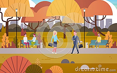 Businesspeople Walking Through Autumn Park Over People Having Rest Relaxing Sit On Bench And Communicate Outdoors Vector Illustration