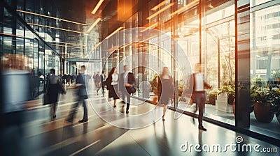 Businesspeople walking at modern office. Group of business employees at coworking center. Motion blur. Concept work process Stock Photo