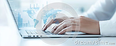 Businessperson analyzes data on global map displayed on laptop screen. Tech expert uses predictive big data models to uncover Stock Photo