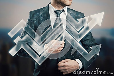 Businessperson with arrows Stock Photo