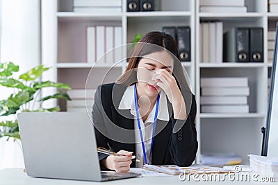 Businessperson have anxiety and stress and pressure with many financial document paperwork on desk, deadline, upset Stock Photo
