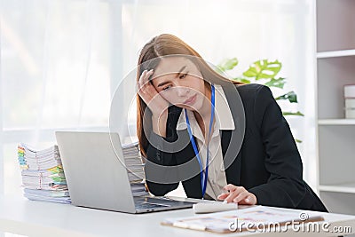 Businessperson have anxiety and stress and pressure with many financial document paperwork on desk, deadline, upset Stock Photo