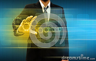 Businessperson holding gears and button touch screen Stock Photo