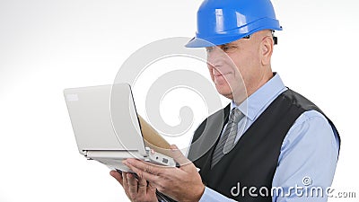 Businessperson Image Wearing Hardhat Doing Engineer Job With Laptop Stock Photo