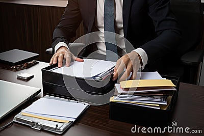 businessperson, meticulously organizing and filing documents for upcoming business trip Stock Photo