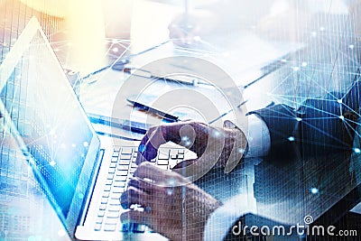 Businessperson in office connected on internet network with a laptop. concept of partnership and teamwork Stock Photo