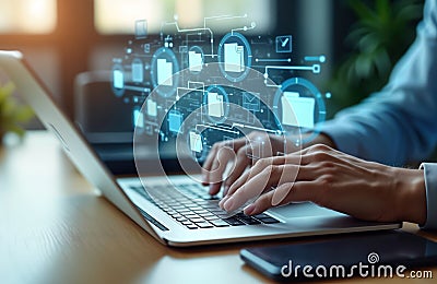 Businessperson using laptop to manage digital documents. Online database, file storage system visible. Modern tech for records Stock Photo