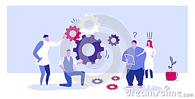 Businesspople team controlling cogwheel processing mechanism colleagues brainstorming generating new business project Vector Illustration