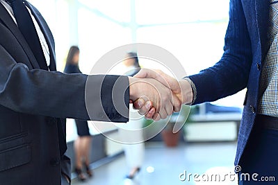 Businesss and office concept - two businessmen shaking hands Stock Photo