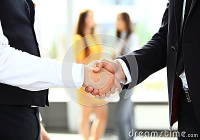 Businesss and office concept - two businessmen shaking hands Stock Photo