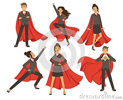 Businesswoman in action poses. Female superhero flying. Vector illustrations in cartoon style Vector Illustration