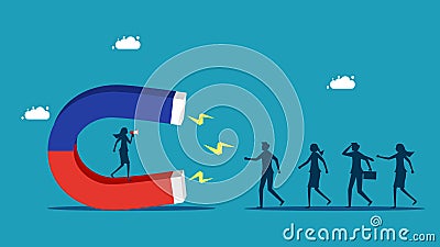 Businesswoman advertises on large magnets to attract people. Customer Acquisition and Marketing Vector Illustration