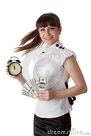Businesswoman with alarm clock and money Stock Photo