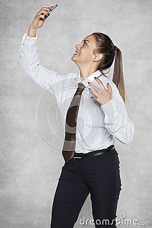 Businesswoman is angry at the lack of a phone network Stock Photo