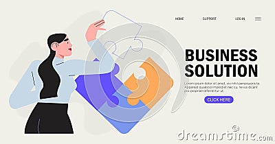 Businesswoman assembling together jigsaw puzzle pieces. Concept of brainstorming, project planning and business process Vector Illustration