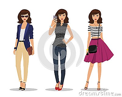Businesswoman with bag, young girl making selfie and romantic style girl. Women in fashion clothes. Vector Illustration
