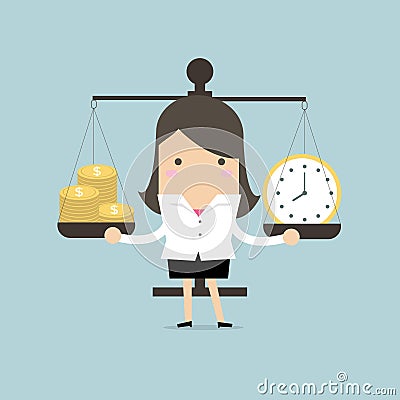 Businesswoman Balancing Time and Money. Vector Illustration