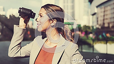 Businesswoman Binocular Finding Vision Corporate Concept Stock Photo