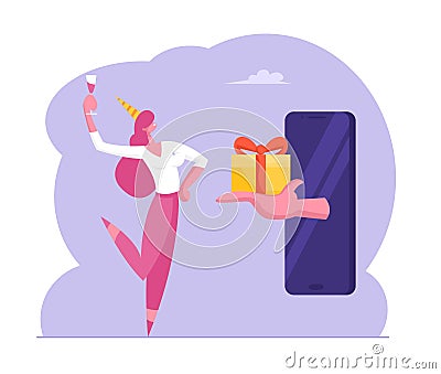 Businesswoman in Birthday Hat with Champagne Glass in Hand Receiving Gift Box from Huge Smartphone Screen Vector Illustration