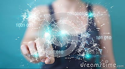 Businesswoman using digital binary code connection network 3D re Stock Photo