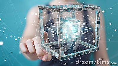 Businesswoman using futuristic cube textured object 3D rendering Stock Photo