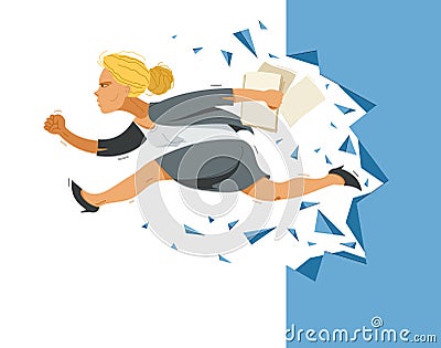 Businesswoman break the wall vector concept of business success and challenge, problems solving brave and strong woman employee Vector Illustration