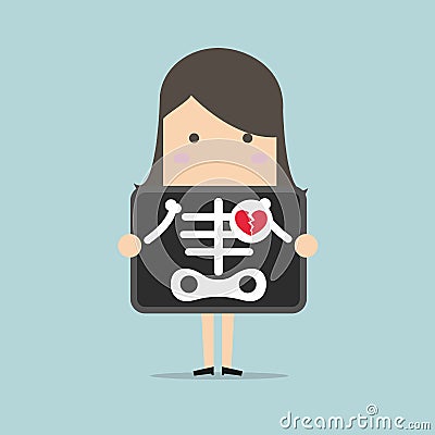 Businesswoman broken heart with x-ray scan, heartbreak Vector Illustration