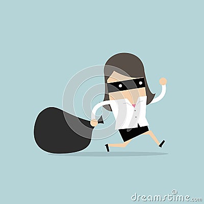 Businesswoman in burglar mask flees with stolen bag. Vector Illustration