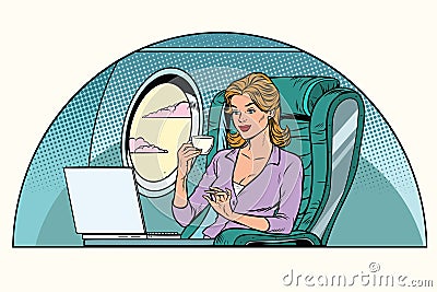 Businesswoman in business class of the aircraft works at a lapto Vector Illustration