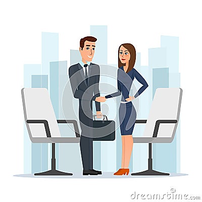 Businesswoman and businessman shaking hands man and woman. Vector Illustration