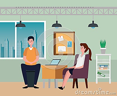businesswoman and businessman teamwork with laptop and noteboard Cartoon Illustration