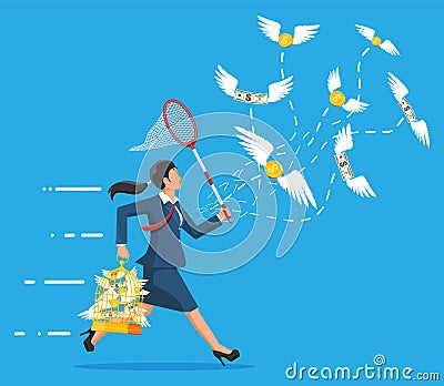 Businesswoman with butterfly net chasing money Vector Illustration