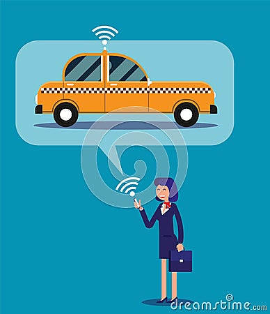 Businesswoman calling taxi with his mobile phone. Concept business taxi service vector illustration. Vector Illustration