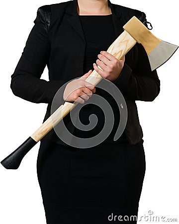 Businesswoman carrying an axe to do the chopping Stock Photo