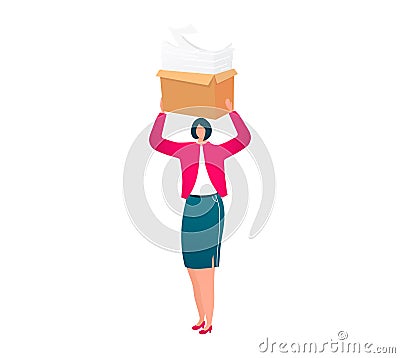 Businesswoman carrying a heavy box of paperwork. Stress at work and deadline concept. Office job overload vector Cartoon Illustration