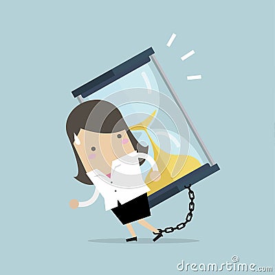 Businesswoman carrying huge sand hourglass on her back. Vector Illustration