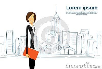 Businesswoman Cartoon over Sketch City Skyscraper Vector Illustration