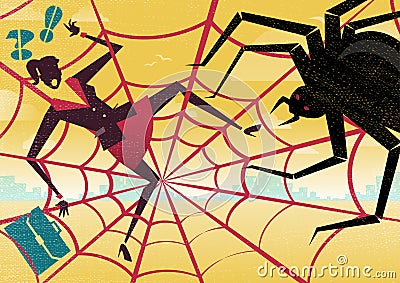 Businesswoman caught in a Spiders Web. Vector Illustration