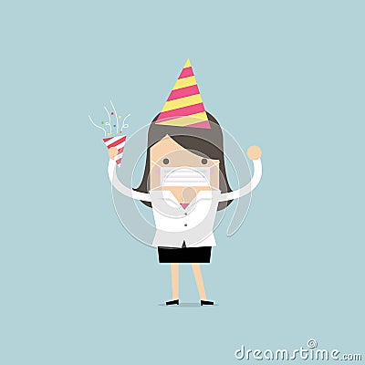 Businesswoman celebrate at a party by wearing a surgical mask. Vector Illustration