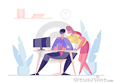 Businesswoman Character Gossip with r Man Sitting at Desk Working on Computer in Office Vector Illustration