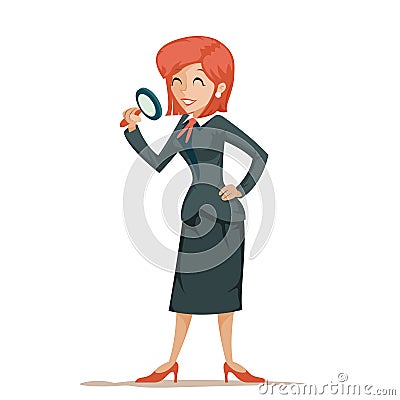 Businesswoman character magnifying glass decision search isolated icon cartoon design vector illustration Vector Illustration