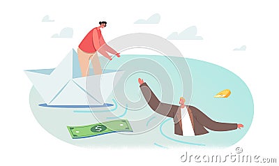 Businesswoman Character on Paper Ship Give Hand to Sinking Businessman in Water with Scatter Dollar Banknote, Bankruptcy Vector Illustration