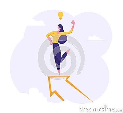 Businesswoman Character Standing on the Top of Big Arrow with Idea Symbol Light Bulb. Leadership, Goal Achievement Vector Illustration
