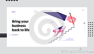 Businesswoman Character with Suitcase Climbing Upstairs Website Landing Page, Financial Success, Business Woman Vector Illustration