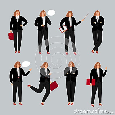 Businesswoman character. Young female professional vector illustration, business woman standing, calling by phone and Vector Illustration