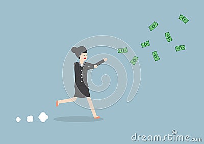 Businesswoman chasing falling dollar bills Vector Illustration