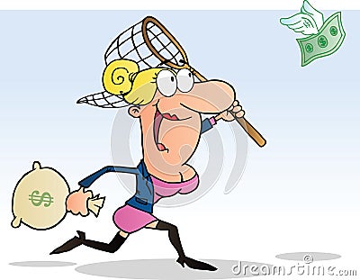 Businesswoman chasing flying money with a net Vector Illustration