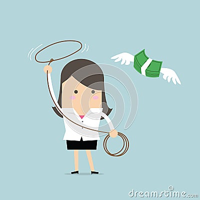 Businesswoman chasing flying money by rope, Financial concept Vector Illustration