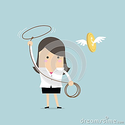 Businesswoman chasing flying money by rope, Financial concept Vector Illustration