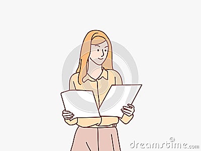 businesswoman checking financial papers while standing in office simple korean style illustration Vector Illustration